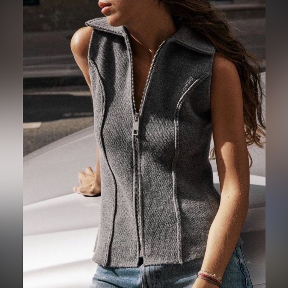 Zara Gray Knit Sweater Vest Full Zip Up Cozy Minimalist Basic Casual